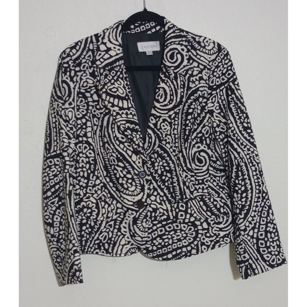 Erin London Womens Black White Paisley Print Two Button Blazer Jacket Size M